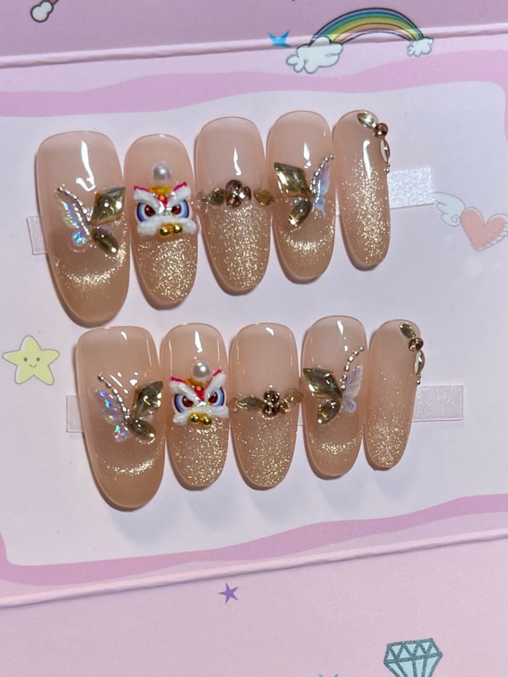 💖5 for $25😻 Beige Glitter Butterfly Pearl Press-On Nails